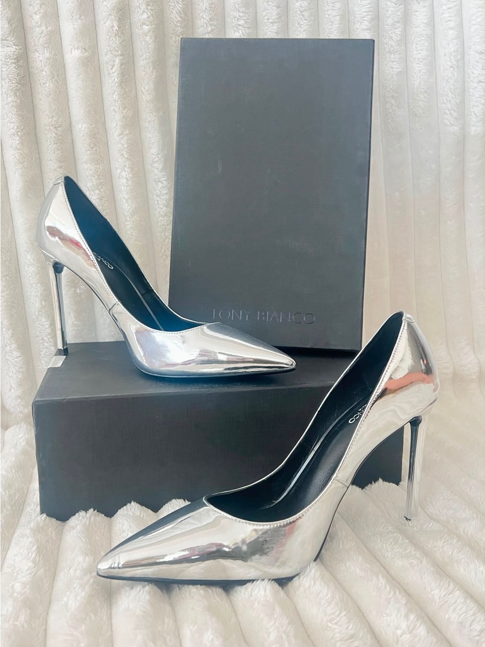 Tony Bianco Silver Mirror Pointed Toe Stiletto Heels